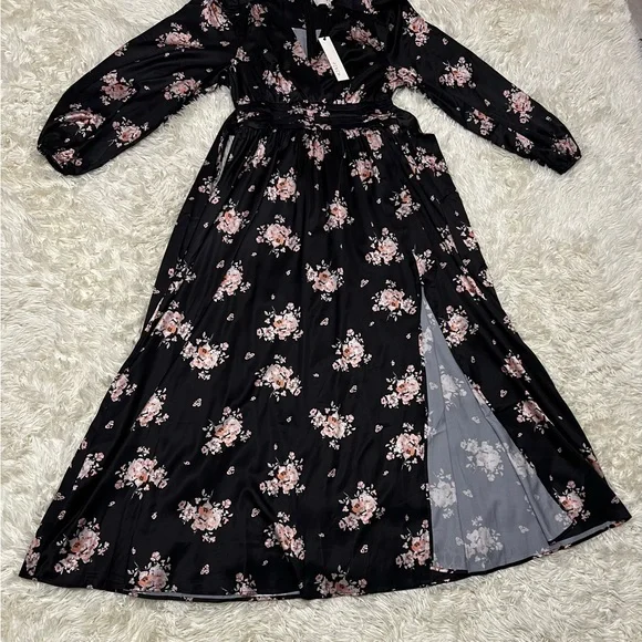 Pinch Women’s Black Satin Smoked Maxi Slit Floral Long Sleeve V Neck Dress Med - Picture 4 of 15